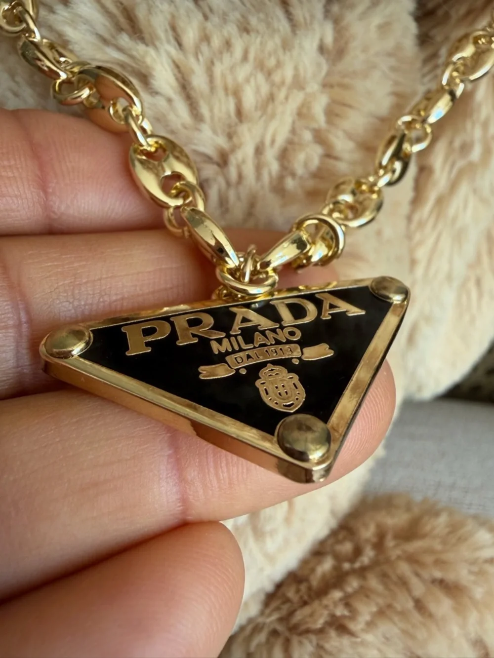 Prada Gold and Black Triangle Logo Necklace - Picture 7 of 10